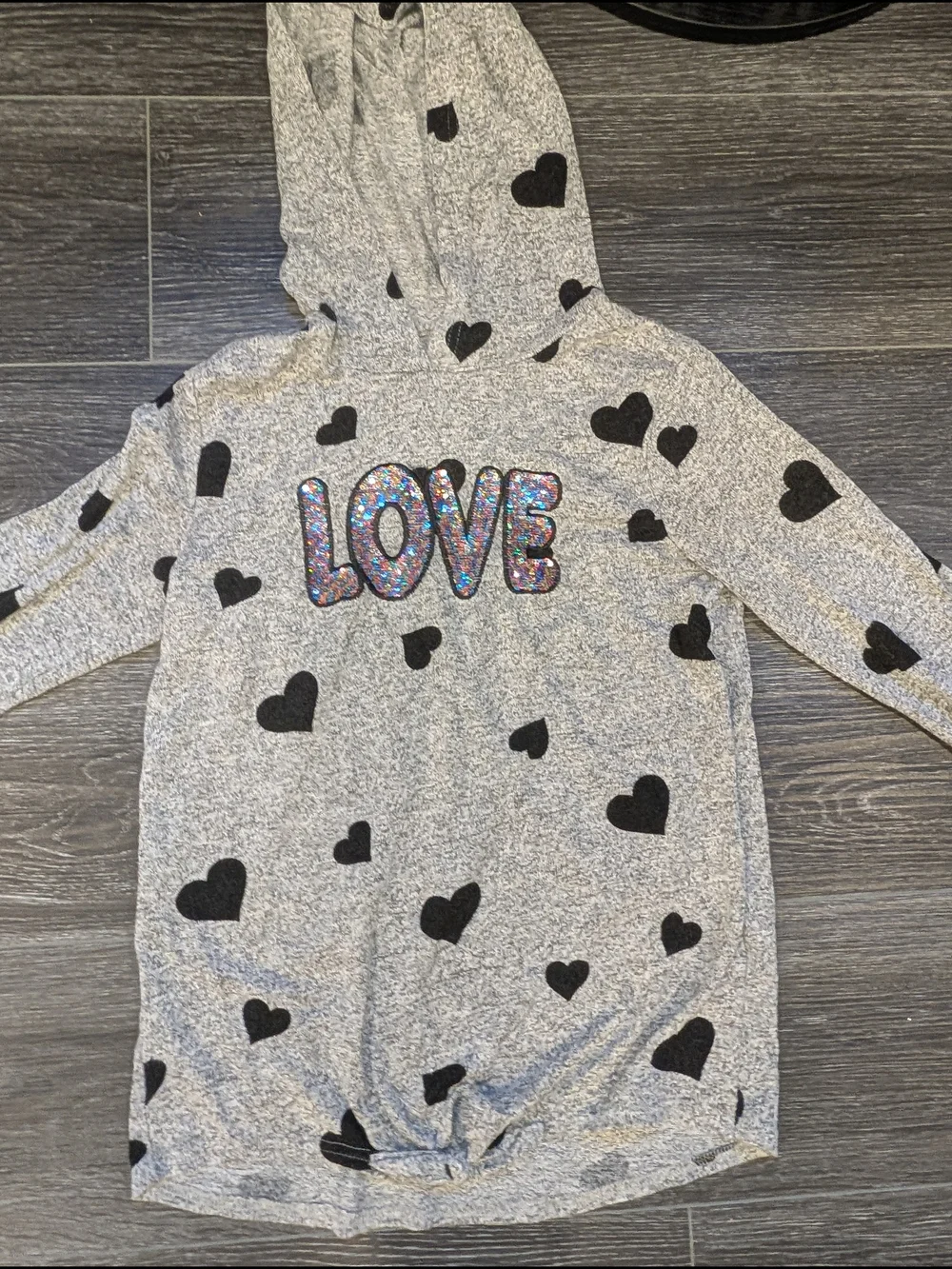 Kids Gray Hoodie Shirt with Black Hearts and Sparkle LOVE